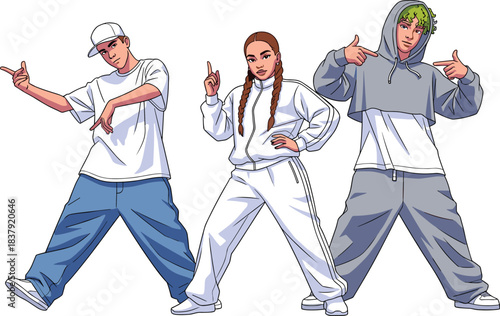 Three young people in hip hop style clothing posing with hands gestures