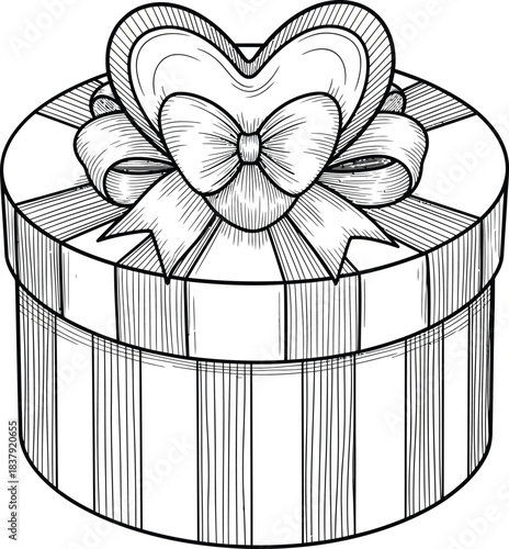 Handdrawn striped round gift box with an elaborate heartshaped ribbon bow on the lid.