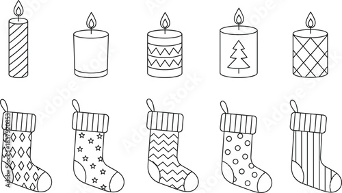 Christmas candle and stocking icons, festive holiday line art, seasonal decoration graphics, black and white set, cad drawing flat vector illustration