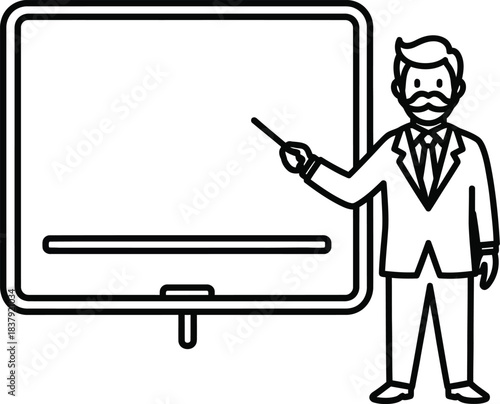 Line art illustration of a mustached professor in a suit pointing at a blank presentation board.