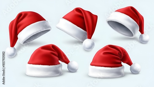 Festive collection of traditional red and white santa claus hats for christmas