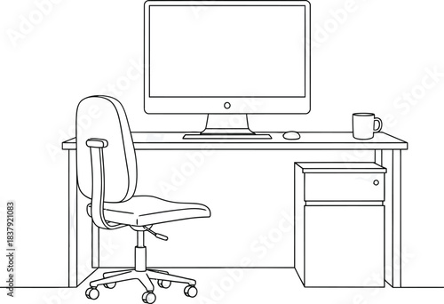 Minimalist line art illustration of a modern office desk with a computer and swivel chair.