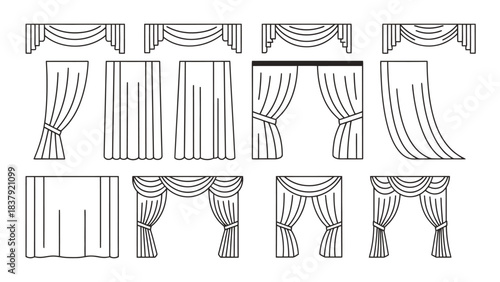 Various types of red curtains and valances for stage and home use