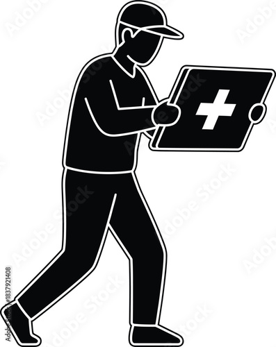 Walking man silhouette with a cap holding a medical kit with a white cross.