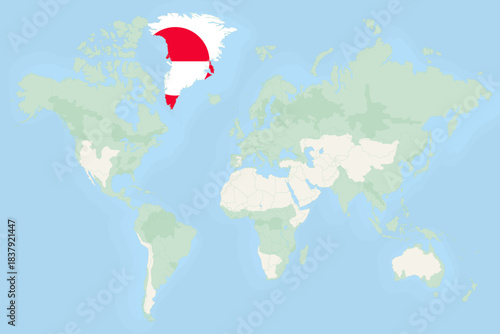 Greenland Highlighted on World Map with National Flag. Greenland Map and Flag.