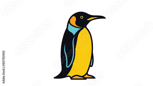 Cartoon penguin standing upright with yellow and black feathers looking forward.
