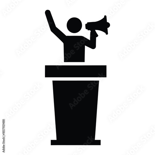 Public speaker silhouette with megaphone at podium