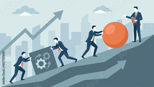 Business team pushing challenges uphill, symbolizing growth and innovation