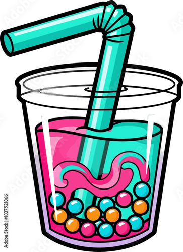 A colorful bubble tea drink with tapioca pearls and a straw.