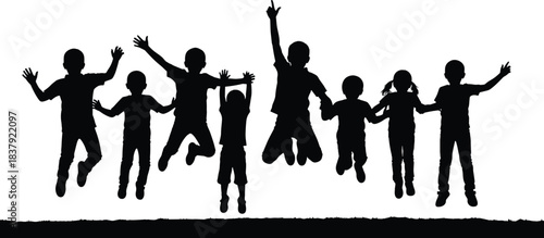 Silhouette group of children jumping happily, kids playing together outdoors, joyful childhood moment, friendship and fun concept, black figures isolated on white background