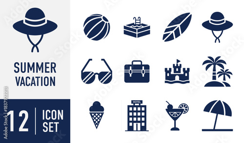 Summer Vacation icons set. travel and leisure activities icon set featuring beach, hotel, pool, and tropical holiday destination elements. Vector. Solid icon collection