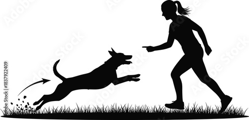 Silhouette woman training dog, running pet obedience exercise outdoors, active lifestyle and animal behavior concept, black shadow figures on grass isolated on white background