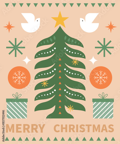 Christmas template with christmas tree imagery composed of geometric shapes.