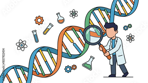 Scientist analyzing DNA strand with magnifying glass, genetic research concept