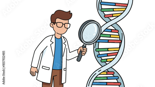 Scientist with magnifying glass examining DNA double helix structure