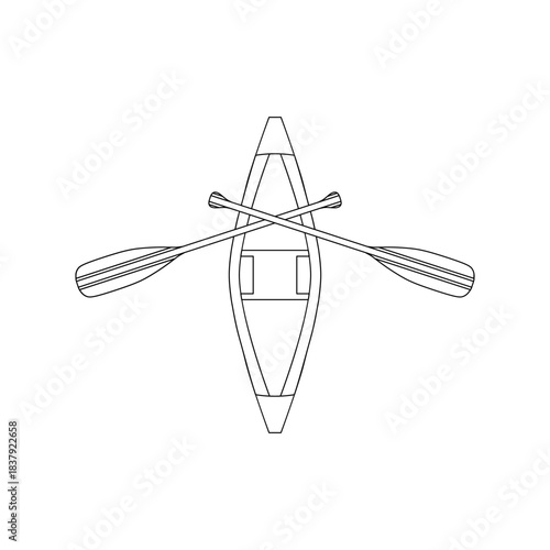Minimal outline illustration of a canoe with crossed paddles viewed from above, presented as a clean vector suitable for icons, labels, and outdoor-themed designs.