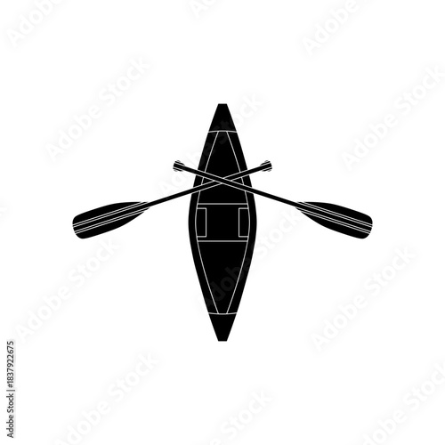 Black fill vector of a canoe with crossed paddles in a bold silhouette style, ideal for logos, badges, signs, and outdoor adventure branding.