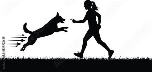 Silhouette woman running with jumping dog, active pet training outdoors, playful canine action scene, energetic movement concept, black figures on grass isolated on white background