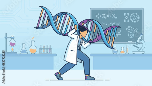 Female scientist carrying a giant DNA helix in a modern laboratory