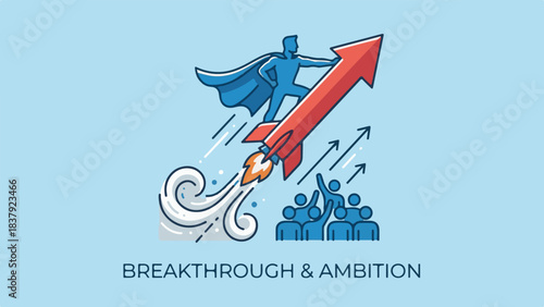 Superhero on rocket arrow leading team to breakthrough and ambition