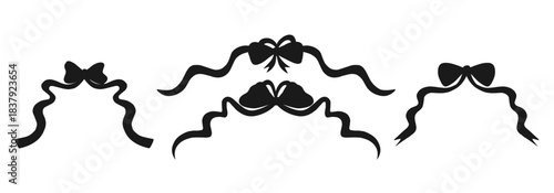 Hand-drawn vector of ribbon bow decoration set elements, elegant black bow and ribbon, silhouette, design element vector.