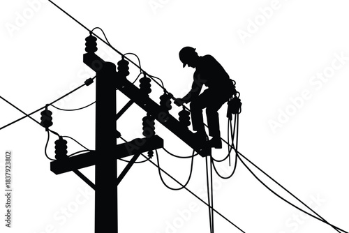 Silhouette Utility Worker on Power Pole, Lineman Performing High Voltage Maintenance, Safety Harness and Tools, Electrical Infrastructure Repair Vector Illustration