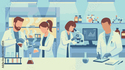 Scientists working in a modern research laboratory, performing experiments