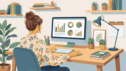 Professional woman analyzing data on computer in modern home office