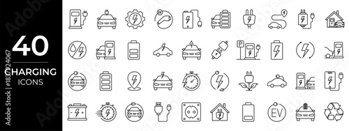 Charging station icons. EV charging line icons for energy concepts. Vector symbols for electric car, EV station and more.