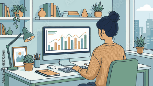Woman working on computer with data analysis charts in modern home office