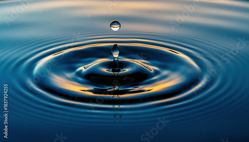 Macro shot of a single water drop falling into rippling blue water surface creating concentric circles and waves