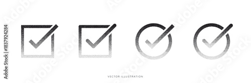 Set of Abstract Halftone Checkmark icon with dots gradient gradation effects. Pop art verification check mark. Black dotted approved symbols. Vector illustration