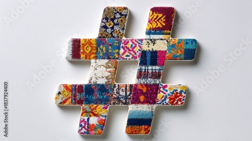 Artistic Hashtag Symbol with Vibrant Patchwork Design on a Clean White Canvas.