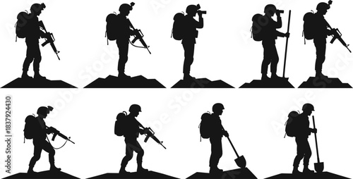 Silhouettes of Soldiers in Field, Military Personnel Poses, Combat and Support Roles, Tactical Gear, Helmets, Rifles, Shovels, Rugged Terrain Preparedness