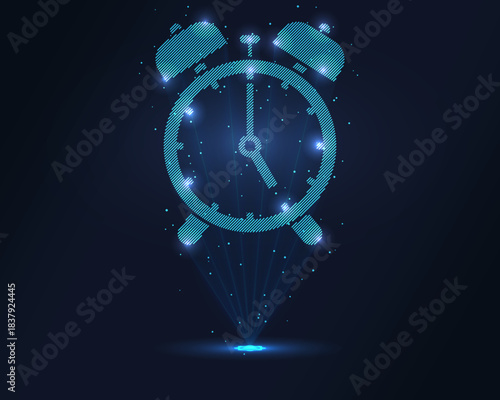 Holographic alarm clock in glowing blue wireframe, projected via laser beam with floating particles. 3D effect for tech, productivity, time management ideal for apps and futuristic branding.