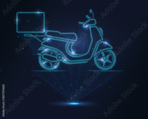 Holographic delivery scooter with cargo box in glowing blue wireframe, projected via laser. Particles enhance 3D effect. Ideal for tech logistics, food delivery apps, e commerce and urban mobility