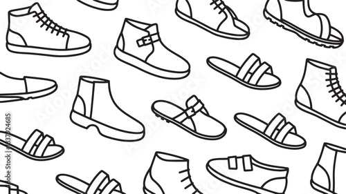 A collection of black line art shoe illustrations on a white background footwear black and white