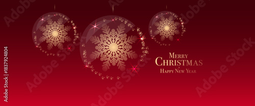 Red Christmas Background with golden snowflake ornaments and festive holiday greeting