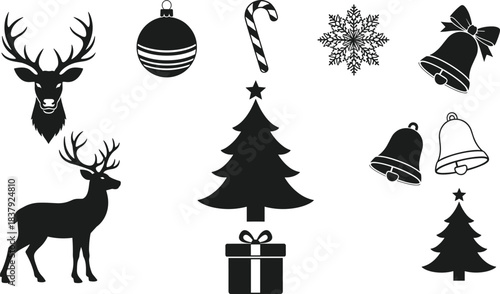 Christmas silhouette icons, reindeer head and full reindeer, ornament ball stripes, candy cane, snowflake, bells with bow, Christmas trees, gift box