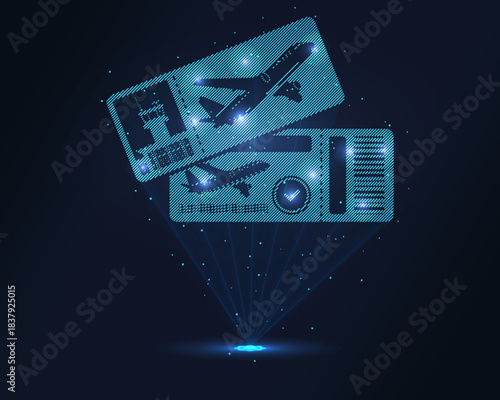 Holographic airline ticket in glowing blue wireframe, projected via laser with floating particles. 3D effect for travel tech, booking apps and futuristic tourism. Ideal for digital campaigns, global