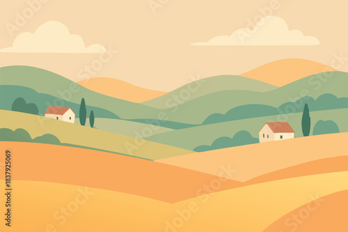 Rolling countryside hills with fields and houses