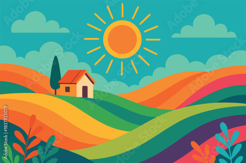 Vibrant sunrise countryside hills with rainbow fields and house