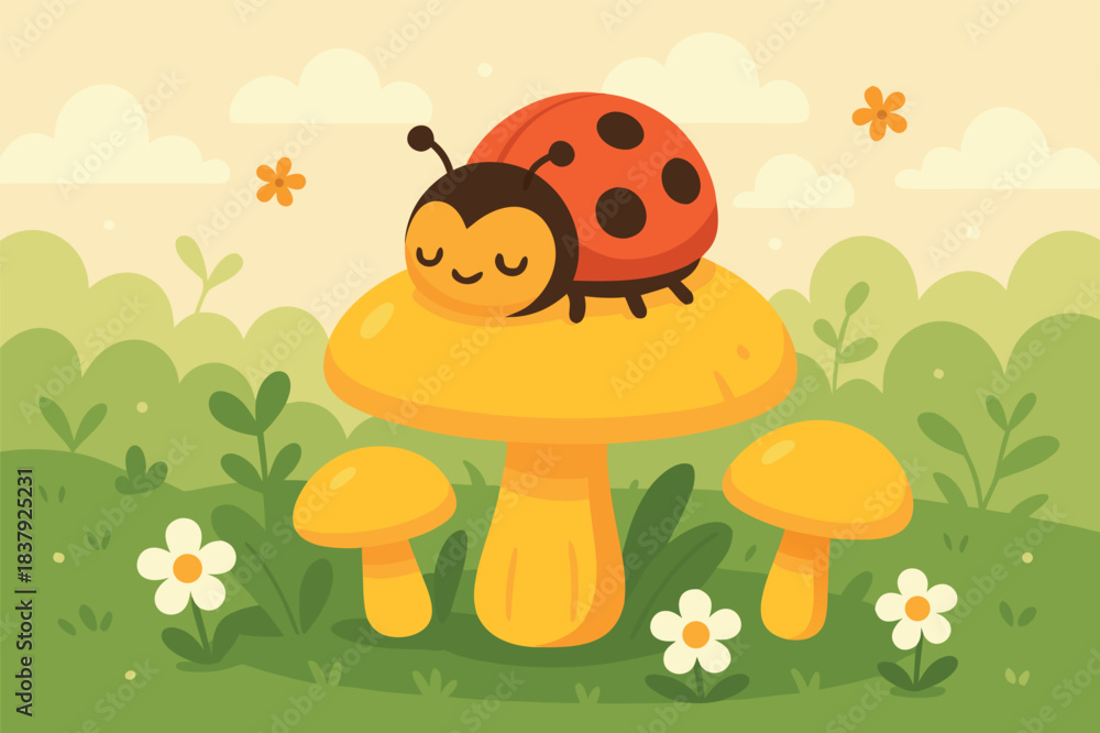 Fototapeta premium Cute sleeping ladybug on yellow mushroom