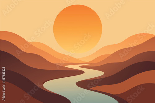Large sun over winding river and rolling orange hills