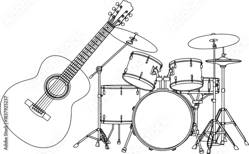 Acoustic guitar and drum kit line art illustration on white background musical instruments music