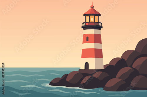 Lighthouse on rocky shore with calm sea and pastel sky
