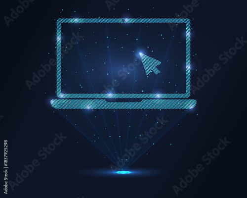 Holographic laptop with cursor in glowing wireframe, projected via laser. Particles enhance 3D effect. Ideal for tech, digital workspaces, remote learning and futuristic branding of apps, IT services.