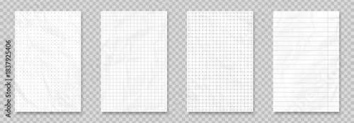 Crumpled paper effect. Sheet from grid and lined notebook. White page from sketchbook. Empty paper template or mockup. Realistic vector illustration set on transparent background