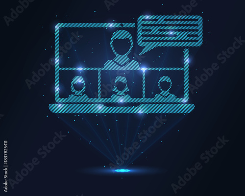 Holographic video call icon blue laptop with 4 participants and chat bubble, projected via laser. Particles enhance 3D effect. Ideal for remote work, online meetings, digital communication branding.