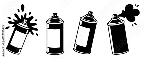 Set of four black and white graffiti spray paint cans
